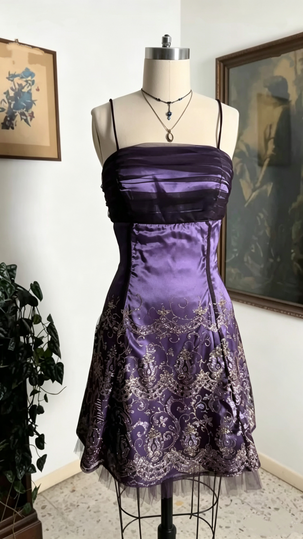Vintage Spaghetti Straps Purple Satin A Line Short Homecoming Dress Cocktail Dress D4327