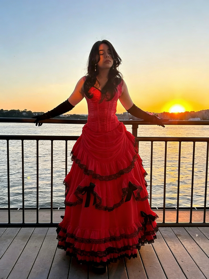 Vintage Pink Strapless Chiffon Pleated Layered Lace Ball Gown Formal Prom Dress With Gloves D1139