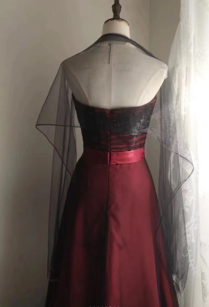 Vintage Burgundy Strapless Satin Tulle Appliques Mermaid Long Party Dress Evening Gown D2200
