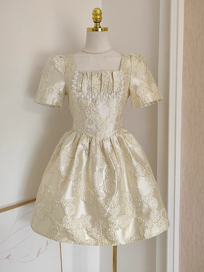 Cute A line Short Sleeves Satin Gold Floral Cocktail Dress Short Birthday Outfits SD401