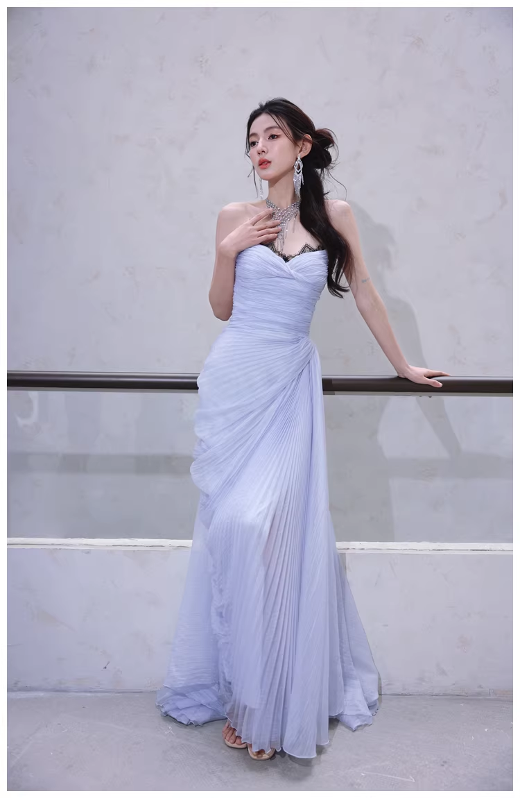 Classy Haze Blue Strapless Tulle Pleated Mermaid Long Party Dress Evening Gown D2460