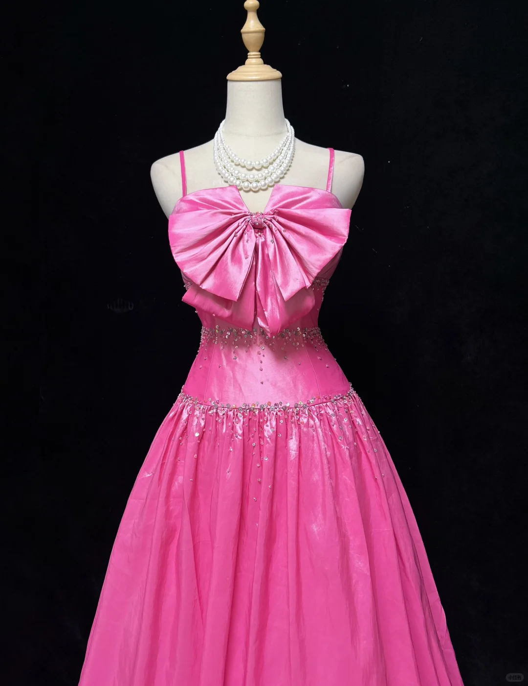 Cute Hot Pink Spaghetti Straps Satin Beaded Long Party Dress Prom Gown D2846