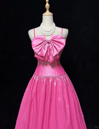 Cute Hot Pink Spaghetti Straps Satin Beaded Long Party Dress Prom Gown D2846