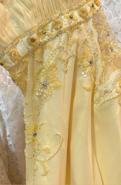 Classy Halter Yellow Lace Chiffon Beaded Mermaid Long Evening Gown Party Dress D1888