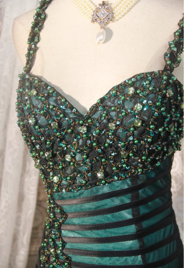 Vintage Spaghetti Straps Satin Tulle Beaded Mermaid Evening Dress Dark Green Long Party Gown D2252