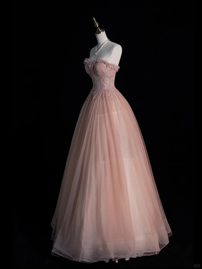 Pretty Sweetheart Neck Tulle Sequin Appliques Long Party Dress Pink Long Evening Dress D4834