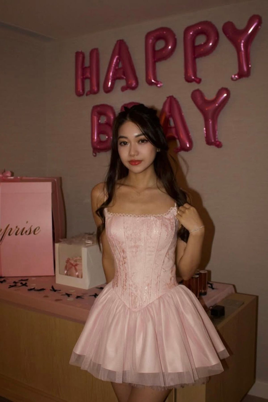 Sweet Spaghetti Straps Satin Floral Tulle Short Homecoming Dress,Pink A Line Mini Birthday Dress D2809