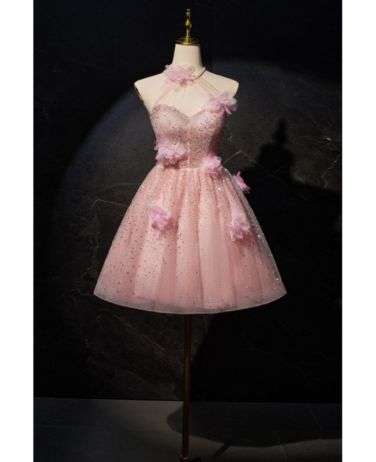 Cute Pink Tulle Sequin Flowers Short Birthday Outfits Homecoming Dress S830
