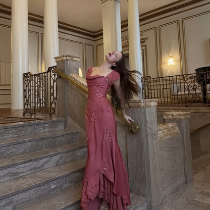 Pretty Square Neck Chiffon Beaded Long Party Dress Burgundy Mermaid Evening Gown D5118