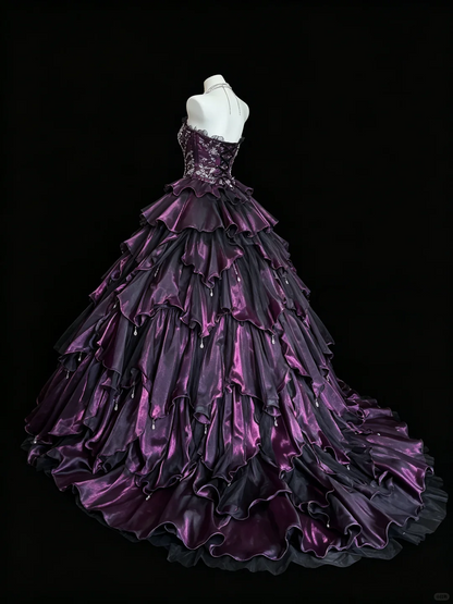 Charming Strapless Purple Satin Layered Beaded Quinceanera Dress Sweet 16 Dress D5235