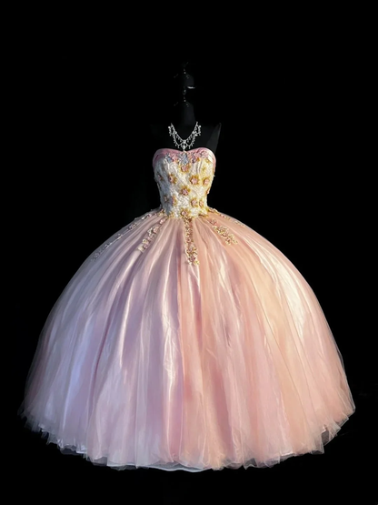 Sweet Ball Gown Strapless Pink Applique Tulle Long Quinceanera Dresses Sweet 15 16 Birthday Outfits D4266