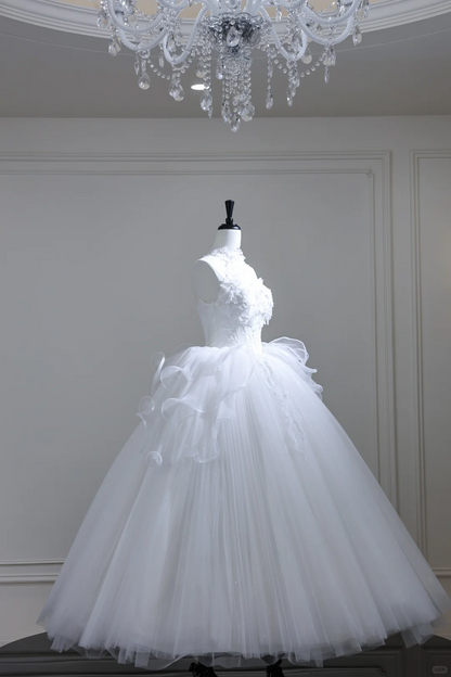 Charming Halter White Tulle Appliques Long Wedding Dress D3088