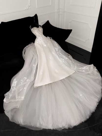 Pretty White Spaghetti Straps Satin Beaded Tulle Mermaid Long Wedding Dress D1339