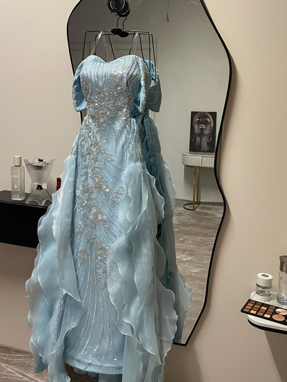 Glamorous Off The Shoulder Blue Satin Sequin Beaded Mermaid Evening Dress Long Prom Gown With Ruffles D1607