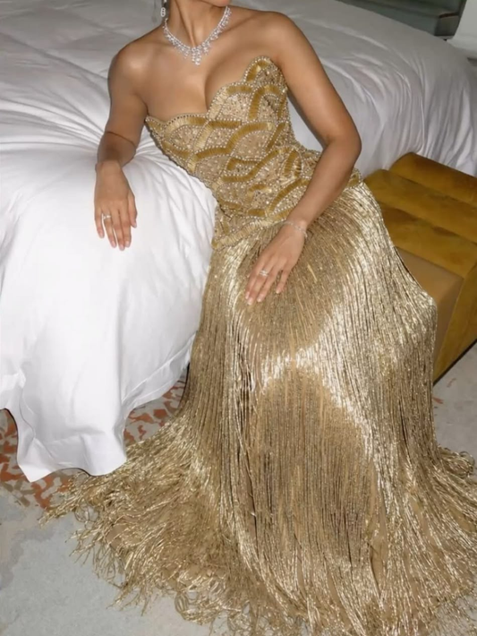 Gorgeous Strapless Satin Beaded Tassel Long Party Dress Champagne Gold Long Evening Gown D4617