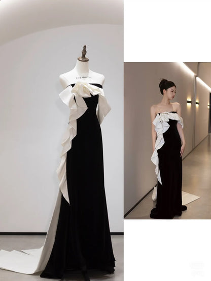 Sexy Sheath Strapless Black Satin Long Evening Gowns Prom Dresses SD1836
