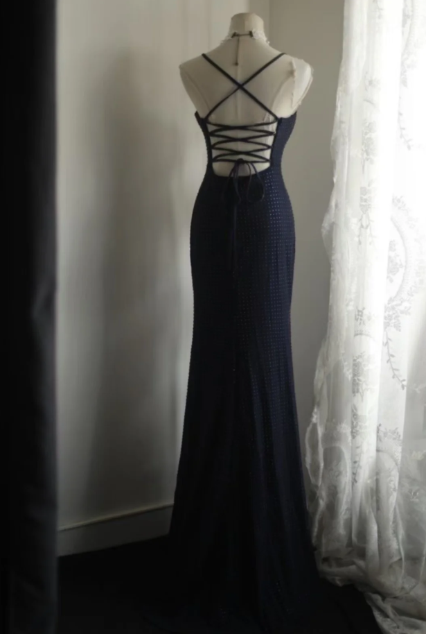 Classy Spaghetti Straps Navy Blue Beaded Mermaid Long Evening Dress Formal Wedding Guest Dress D2197