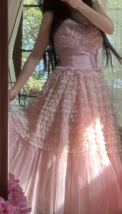 Sweet Strapless Pink Tulle Pleated A Line Long Party Dress Princess Birthday Prom Gowns D2309