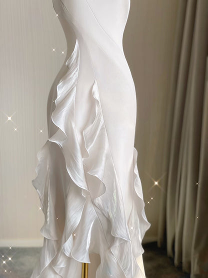 Sexy Mermaid Scoop Satin Night Party Dress White Long Prom Dresses SD1524