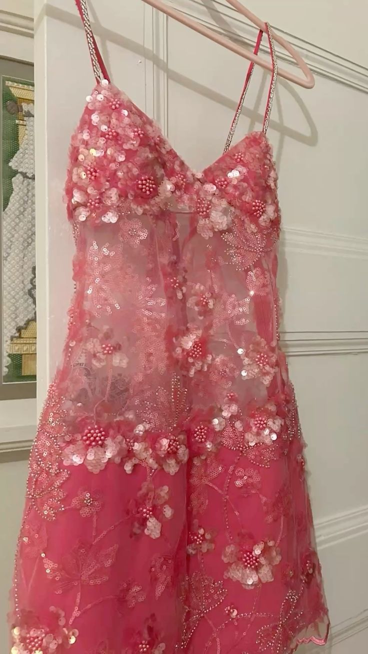 Gorgeous Spaghetti Straps Sequin Short Birthday Outfits Pink Graduation Homecoming Dress  S779