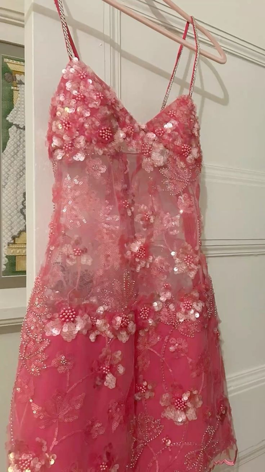 Gorgeous Spaghetti Straps Sequin Short Birthday Outfits Pink Graduation Homecoming Dress  S779