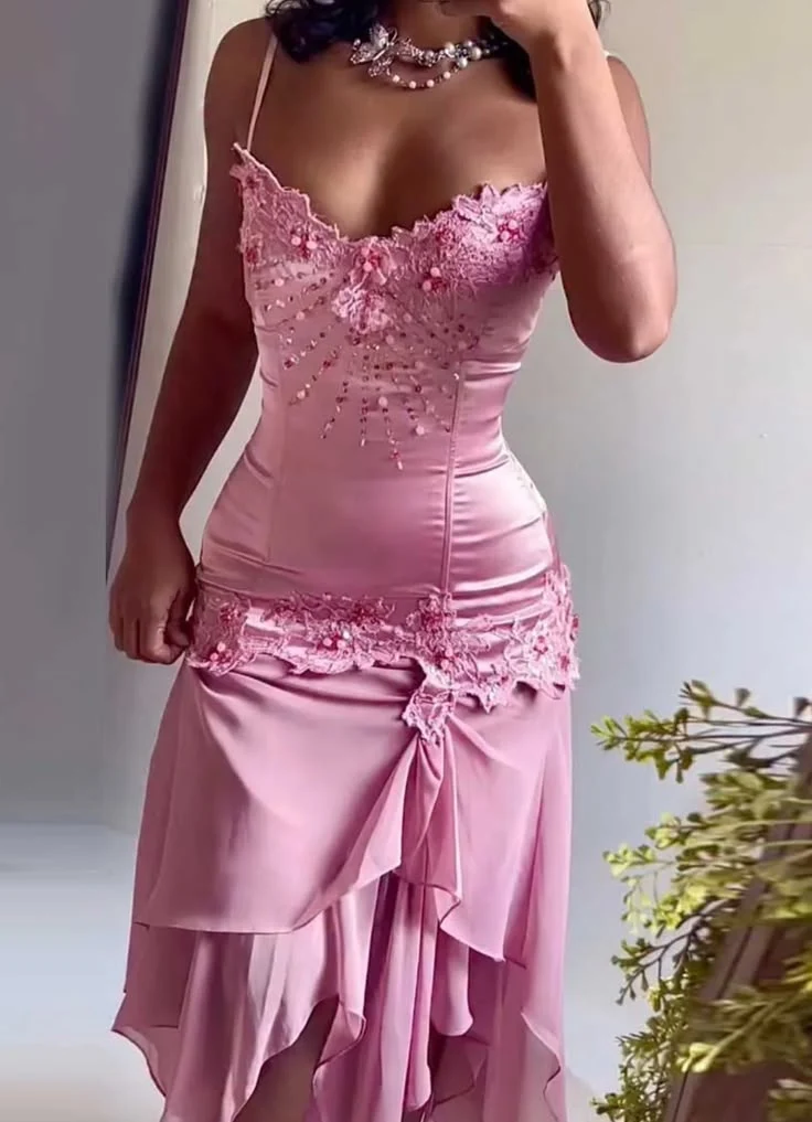 Vintage Spaghetti Straps Satin Appliques Chiffon Mermaid Evening Dress Pink Long Birthday Party Dress D4865