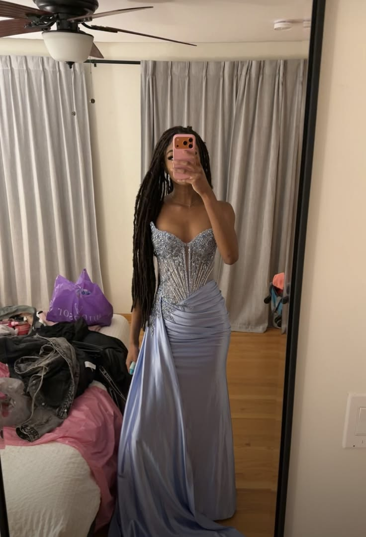 Fashion Strapless Blue Satin Beaded Mermaid Evening Dress Prom Dress D4964