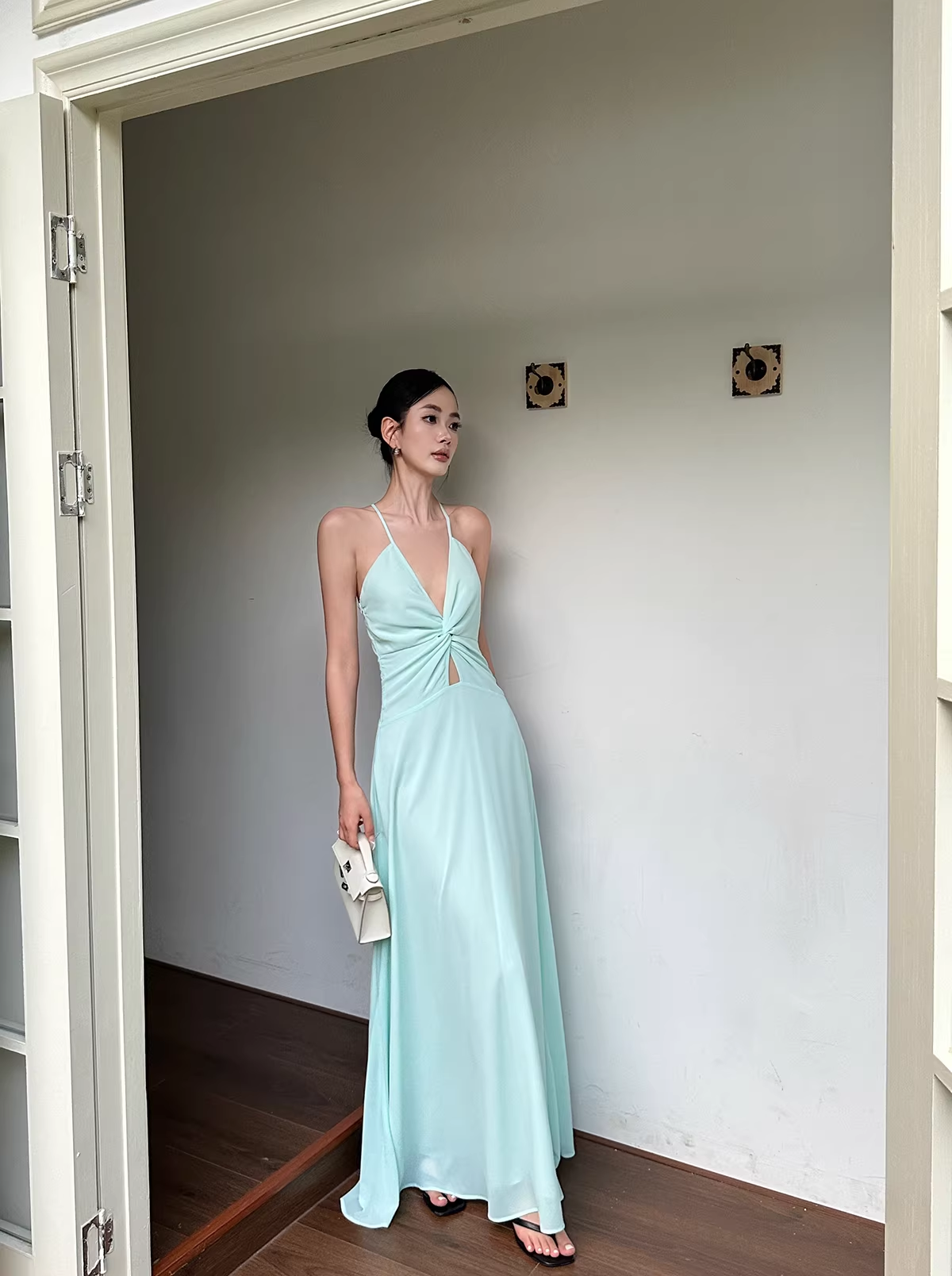 Simple Spaghetti Straps V Neck Green Chiffon A Line Long Party Dress Evening Dress D2090
