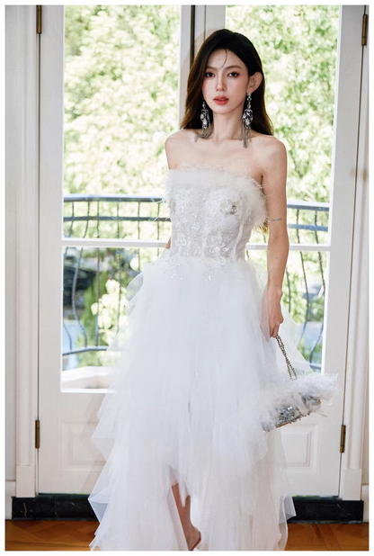 Classy White Feathers Strapless Embroidered Tulle Sequin Appliques Long Birthday Prom Dress Evening Gown D2403