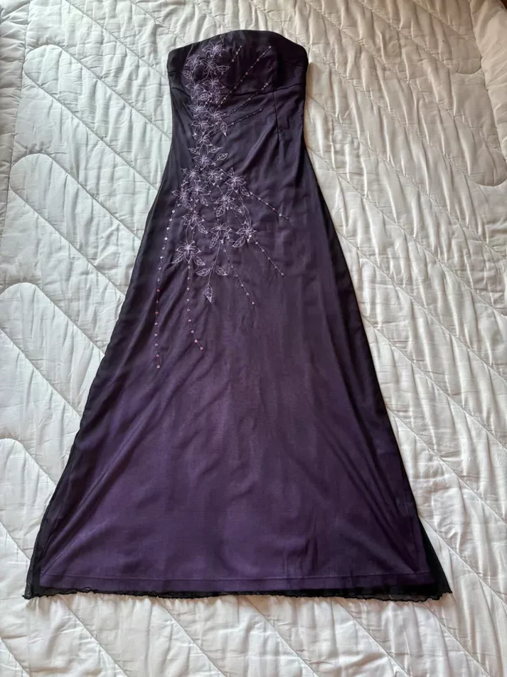 Vintage Strapless Purple Chiffon Satin Beaded Long Birthday Prom Dress Evening Gown D1599