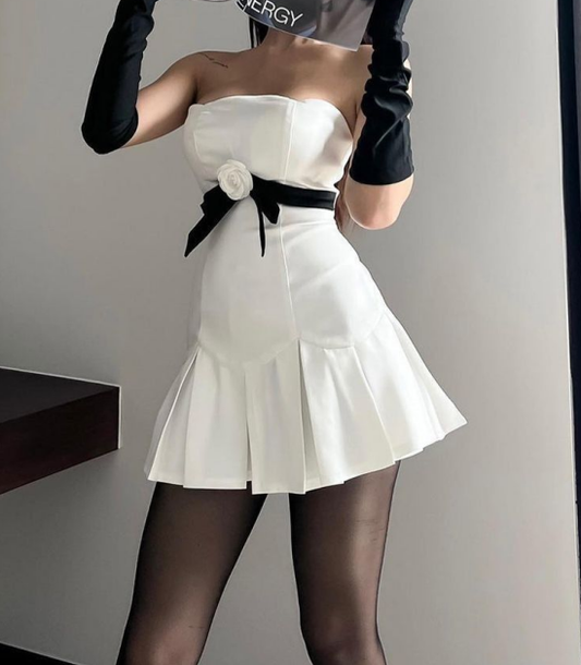 Fashion Strapless White Satin Pleated Short Party Dress Formal Homecoming Dress Birthday Outfits D303