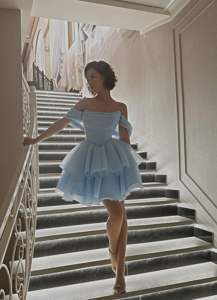Classy Blue Tulle Layered A Line Short 8th Grade Homecoming Dress,Off The Shoulder Mini Birthday Dress D3744