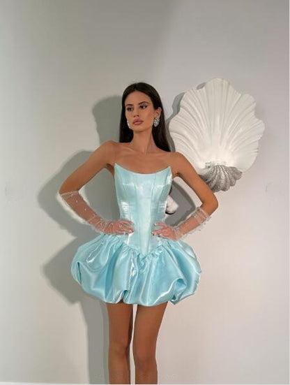 Pretty Strapless Blue Satin A Line Short 16th Birthday Outfits,Formal Graduation Homecoming Dress D3964