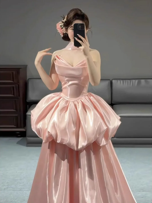 Cute Pink Strapless Satin Pleated Layered Long Prom Dress Evening Dresses D2499