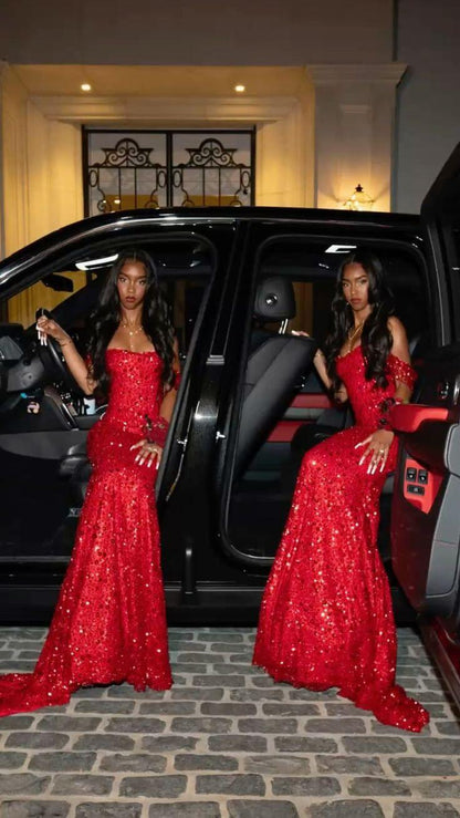 Shiny Off The Shoulder Red Sequin Beaded Mermaid Long Evening Dress Party Gowns D5192