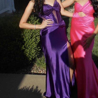Pretty Sweetheart Neck Purple Satin Beaded Slit Mermaid Party Dress Long Prom Dresses D898