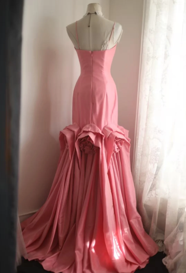 Elegant Spaghetti Straps Pink Satin Pleated Floral Mermaid Long Party Dress Birthday Evening Gown D2210