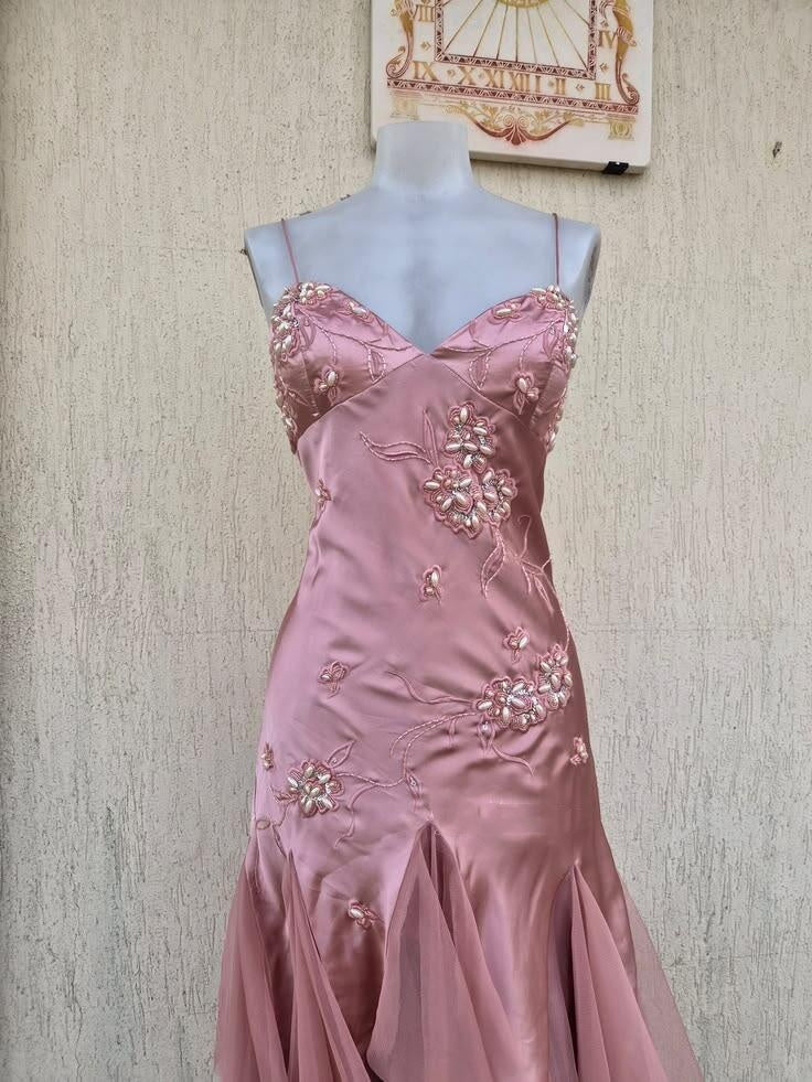 Pretty Pink Spaghetti Straps Satin Beaded Floral Mermaid Long Party Dress Evening Gown D4321