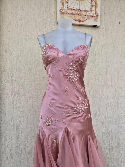 Pretty Pink Spaghetti Straps Satin Beaded Floral Mermaid Long Party Dress Evening Gown D4321