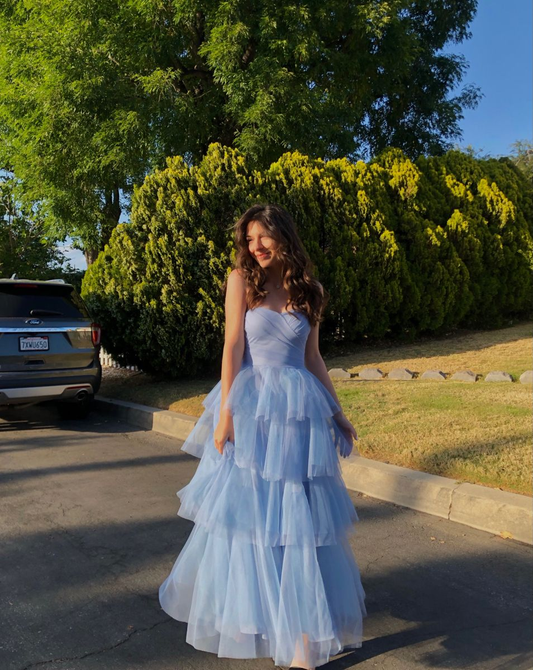 Pretty Blue Strapless Tulle Layered A Line Long Birthday Party Dress Evening Gown D1544