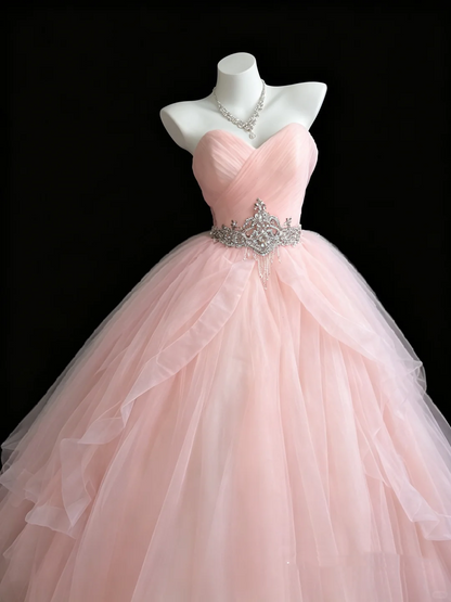 Pretty Strapless Sweet 16 Dress Pink Tulle Beaded Birthday Quinceanera Dress D5283