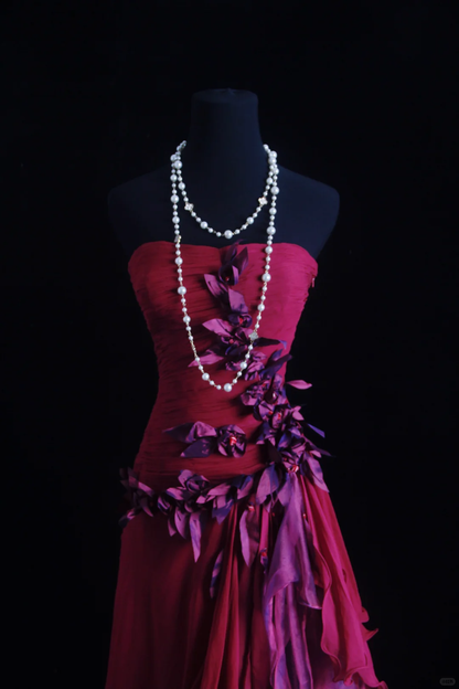 Pretty Strapless Chiffon Floral A Line Long Party Dress Prom Dress D2876