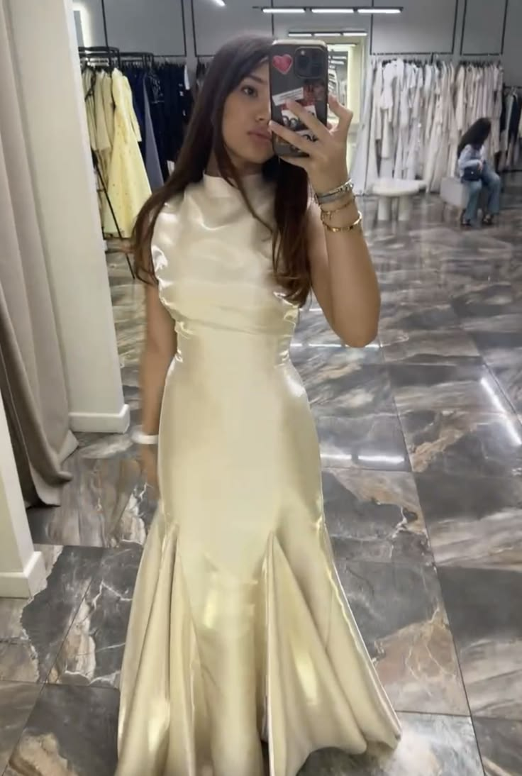 Simple Sleeveless Satin Mermaid Long Wedding Guest Dress Yellow Long Evening Dress D4730
