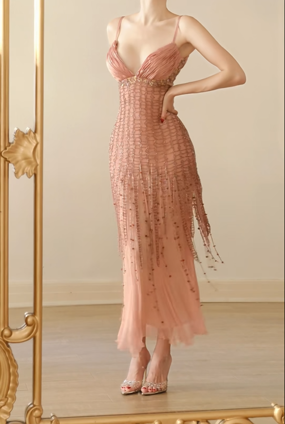 Glamorous Pink Spaghetti Straps V Neck Chiffon Beaded Tassel Mermaid Long Party Dress Evening Gown D2766