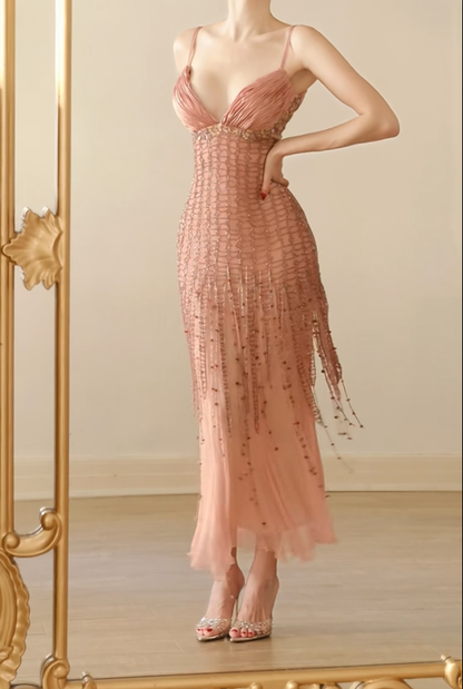 Glamorous Pink Spaghetti Straps V Neck Chiffon Beaded Tassel Mermaid Long Party Dress Evening Gown D2766