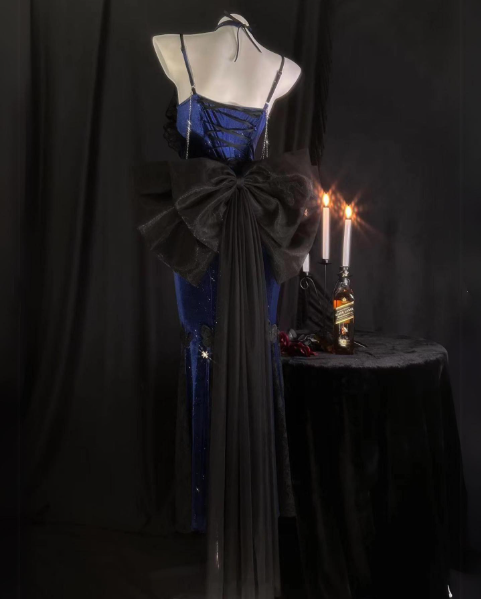 Retro Sheath Spaghetti Straps Royal Blue Long Party Dress Prom Dresses SD1380