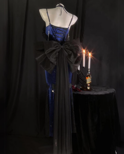 Retro Sheath Spaghetti Straps Royal Blue Long Party Dress Prom Dresses SD1380