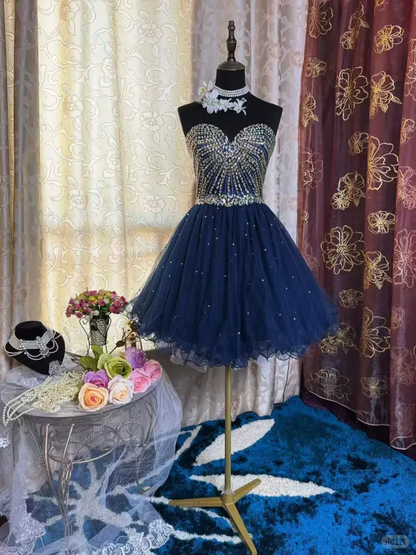 Sparkly Sweetheart Neck Blue Tulle Beaded A Line Short Prom Dress Formal Homecoming Dress D316
