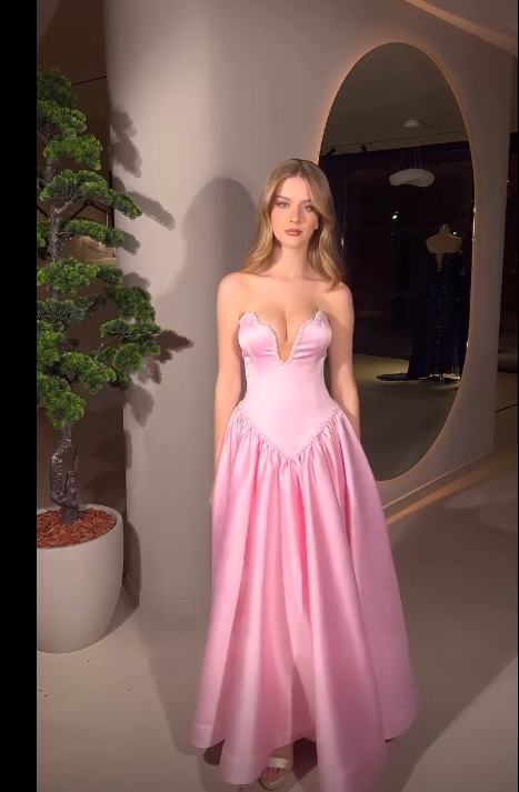 Pretty Sweetheart Neck Pink Satin Beaded A Line Long Party Dress Birthday Prom Dress D3738