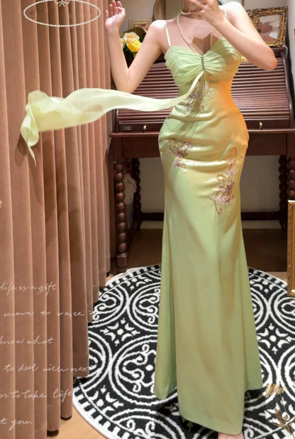 Classy Spaghetti Straps Green Satin Beaded Mermaid Long Wedding Guest Dress Formal Birthday Party Dress D2051